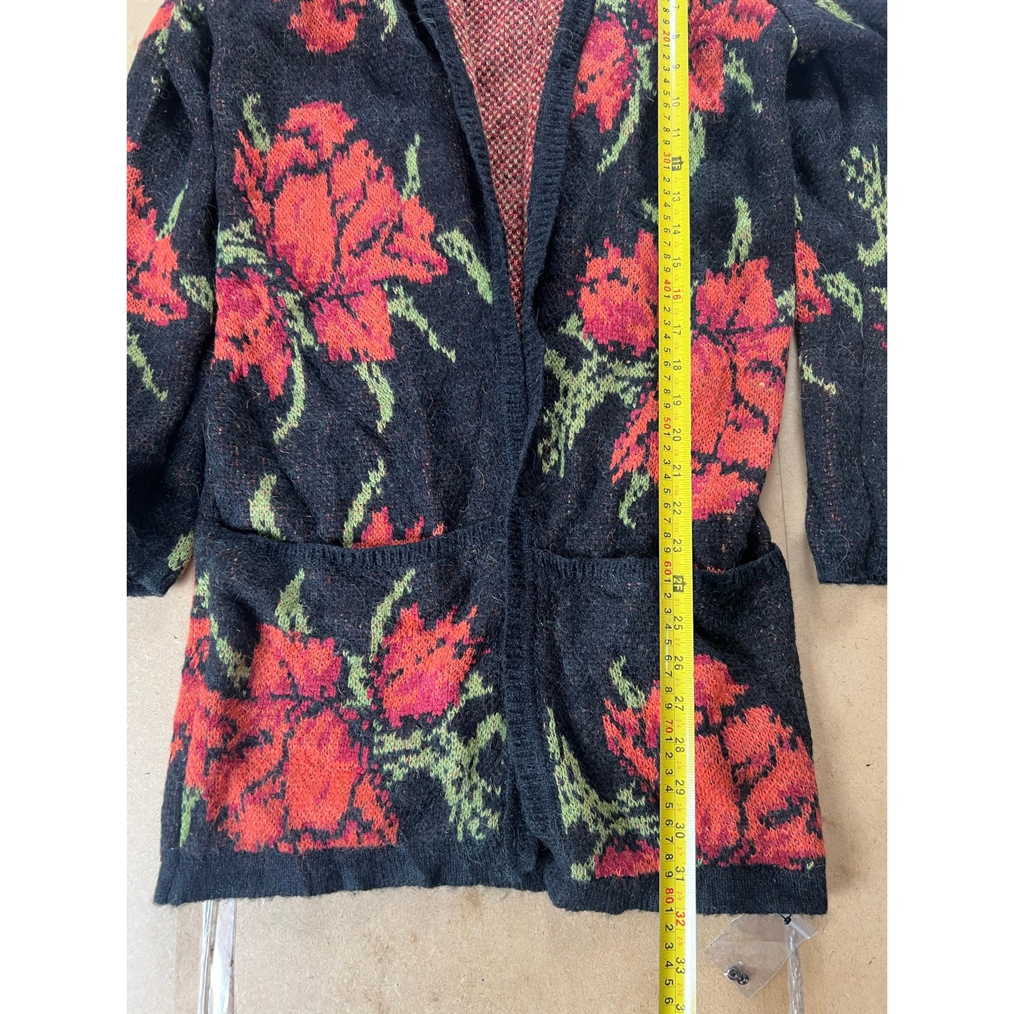 Free People Cardigan Womens S/M Black Open Pockets Oversized Floral Knit Mohair