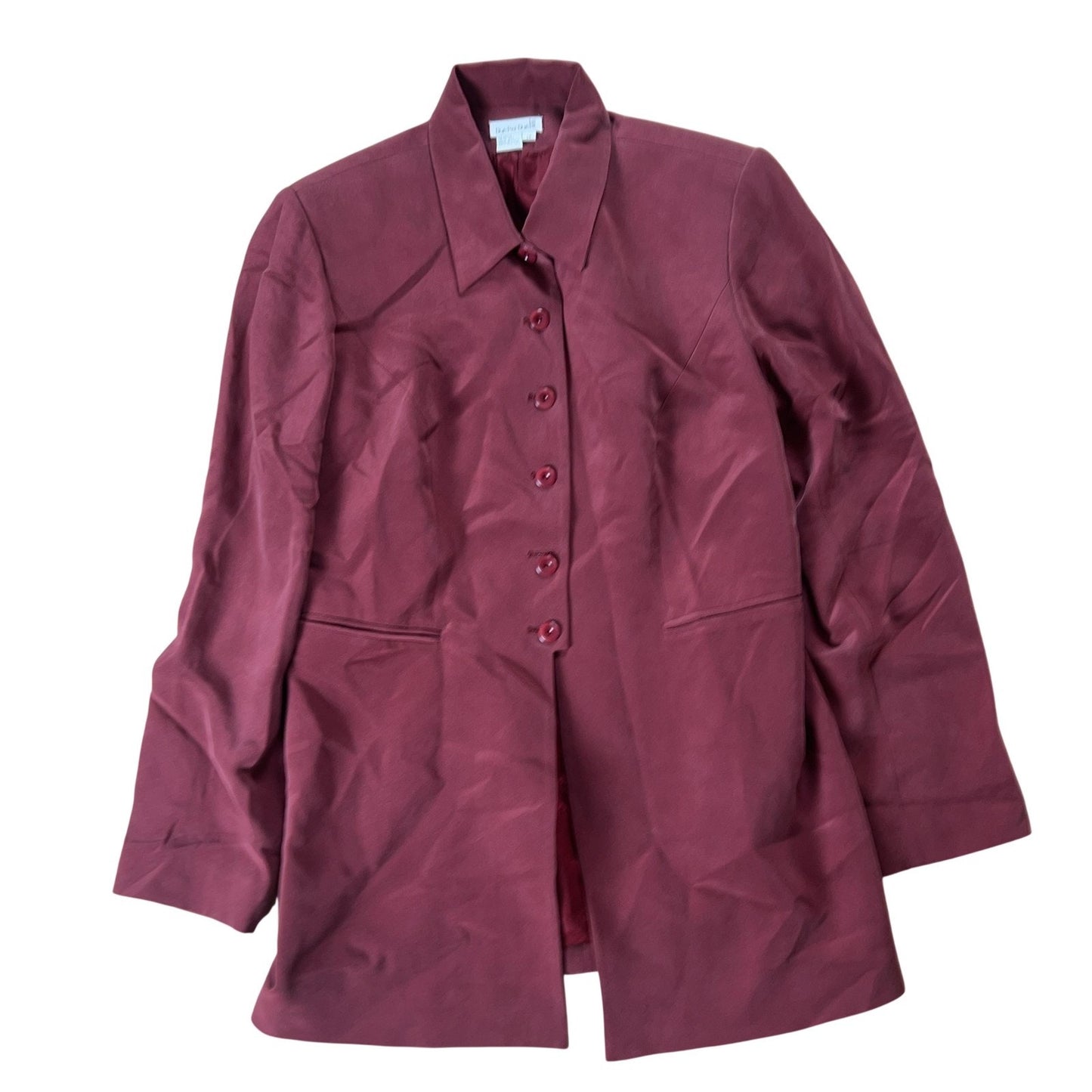 Due Per Due Cardigan Womens 14 Red Silk Lined Collared Pockets Button Business