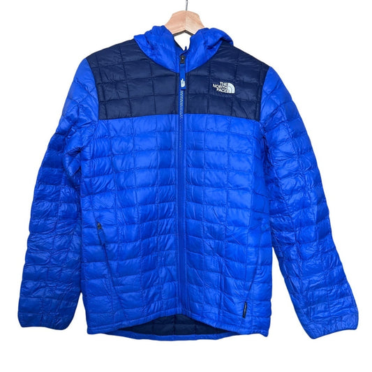 The North Face Thermoball Hooded Puffer Jacket Blue Embroidered Logo Boys Large