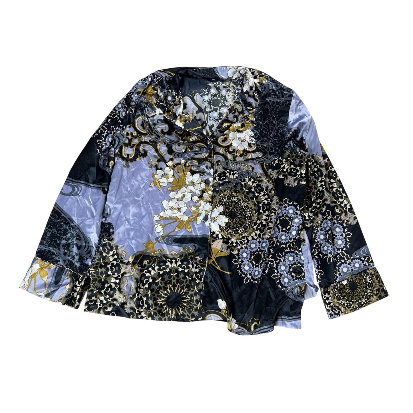 Natori Blouse Womens L Black Floral Cowl Neck Long Sleeve Satin Stretch Top
