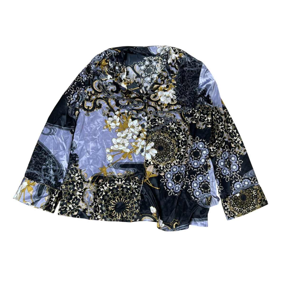Natori Blouse Womens L Black Floral Cowl Neck Long Sleeve Satin Stretch Top