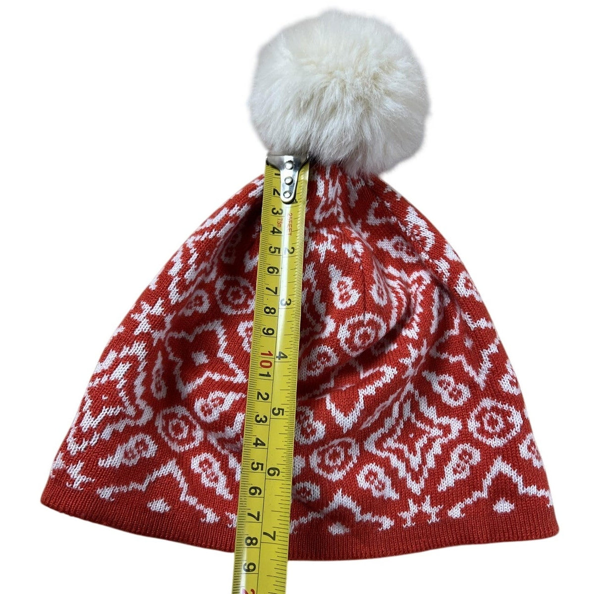 Vera Bradley Beanie Womens One Size Red Lined Faux Fur Pom Pom Geometric Knit