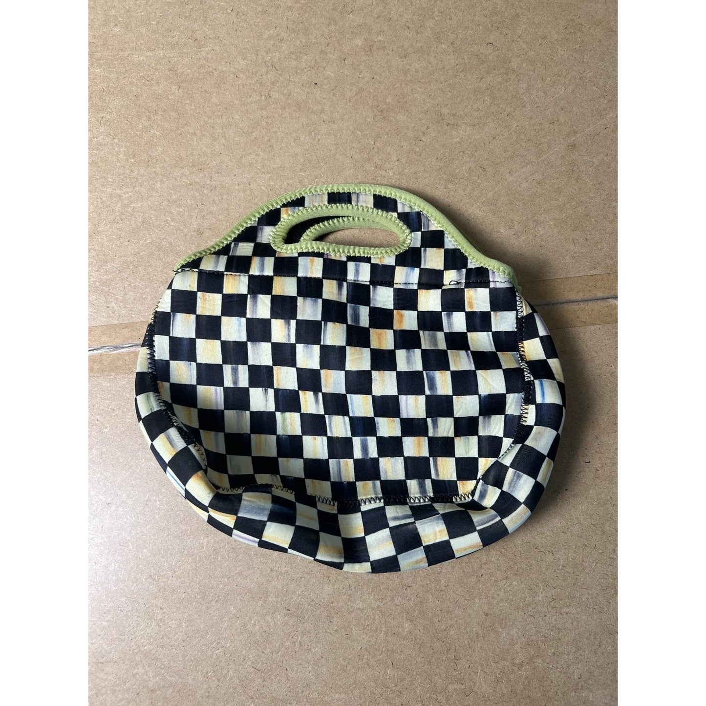 MacKenzie-Childs Top Handle Bag Womens Small Black Neoprene Checkerboard Green