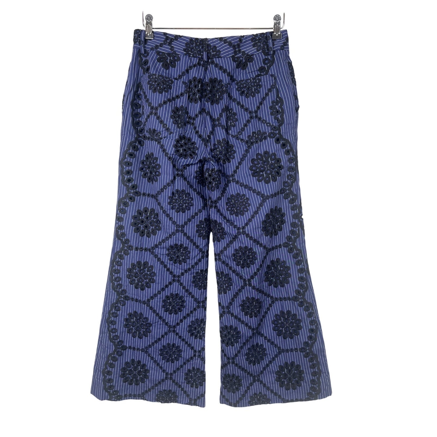 Ettitwa Anthropologie Navy Blue Pinstripe Black Embroidered Eyelet Pants Size 6