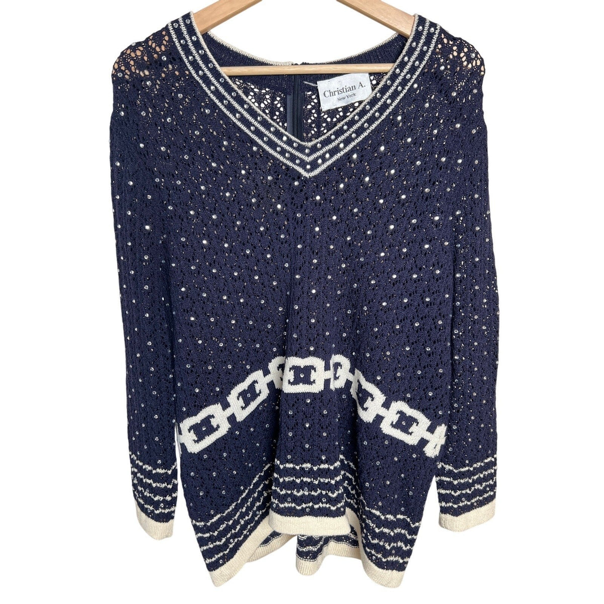 Vintage Christian A. New York Beaded Navy White Sweater *Dimensions in Picture*