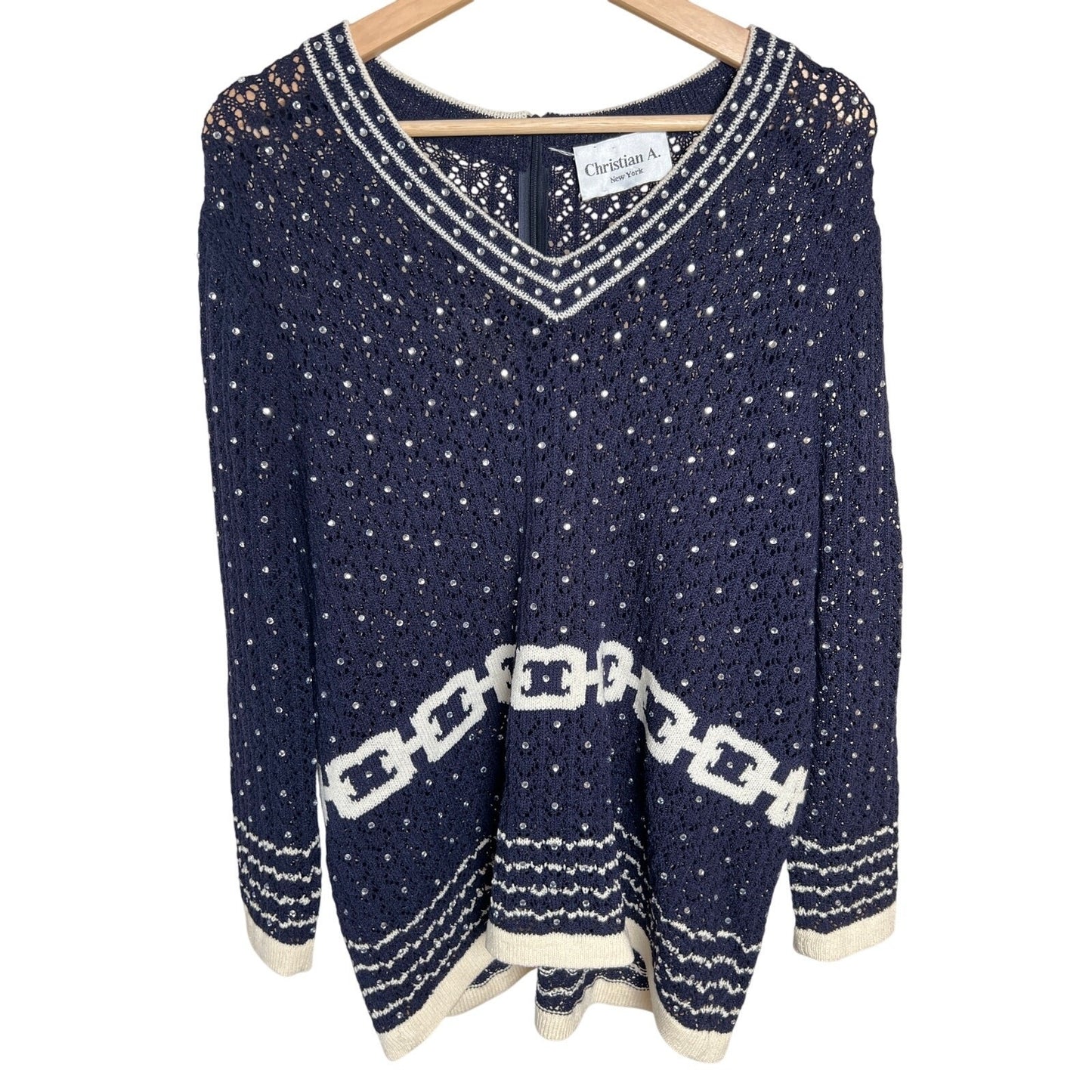 Vintage Christian A. New York Beaded Navy White Sweater *Dimensions in Picture*