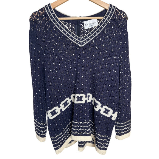 Vintage Christian A. New York Beaded Navy White Sweater *Dimensions in Picture*