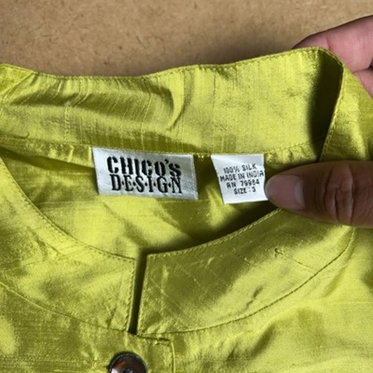 Chico's Design Button-Up Womens 3 Green Silk Tunic Collared Long Sleeve