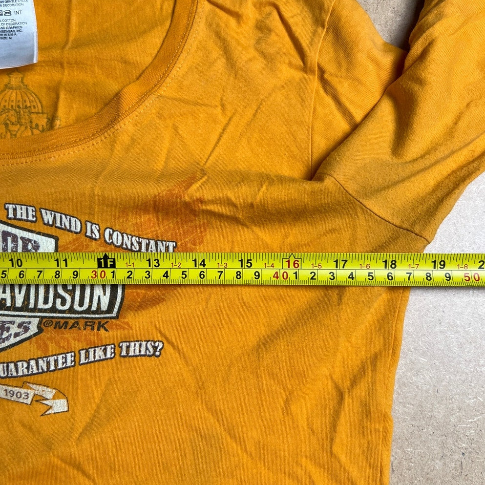 Harley Davidson Women T-Shirt Long Sleeve Yellow Moto Biker Scoop Neck Size M