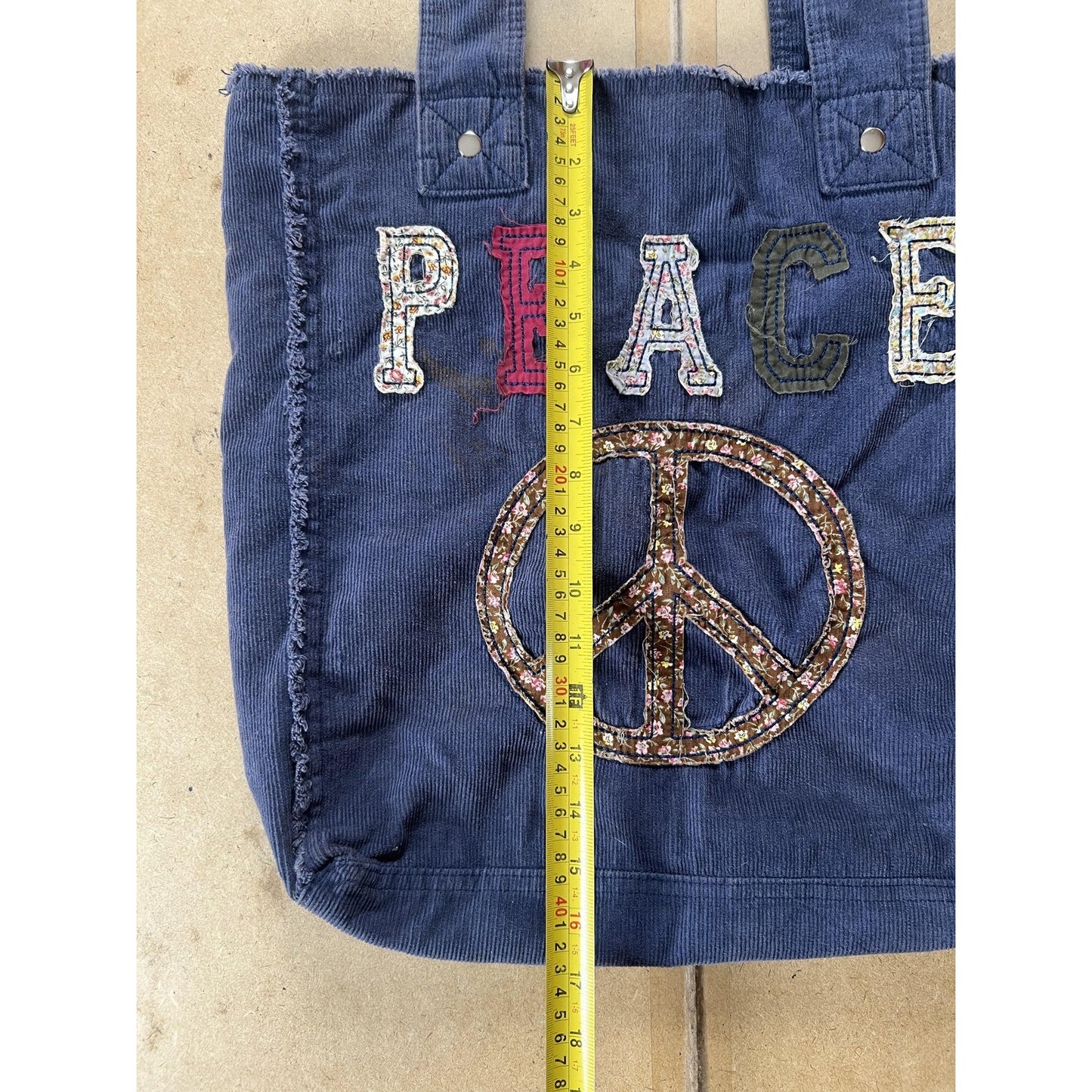 Tote Bag Womens Large Blue Corduroy Peace Sign Floral Applique Hippie Boho