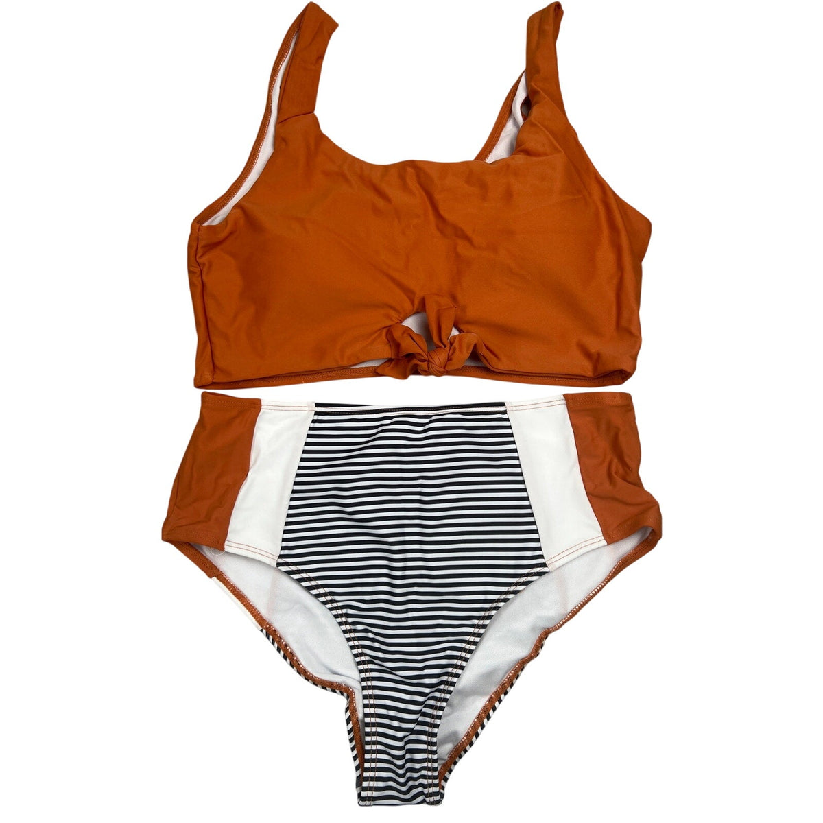 Shein Two Piece Bikini Set Orange Striped Bottoms Size Large L - EUC