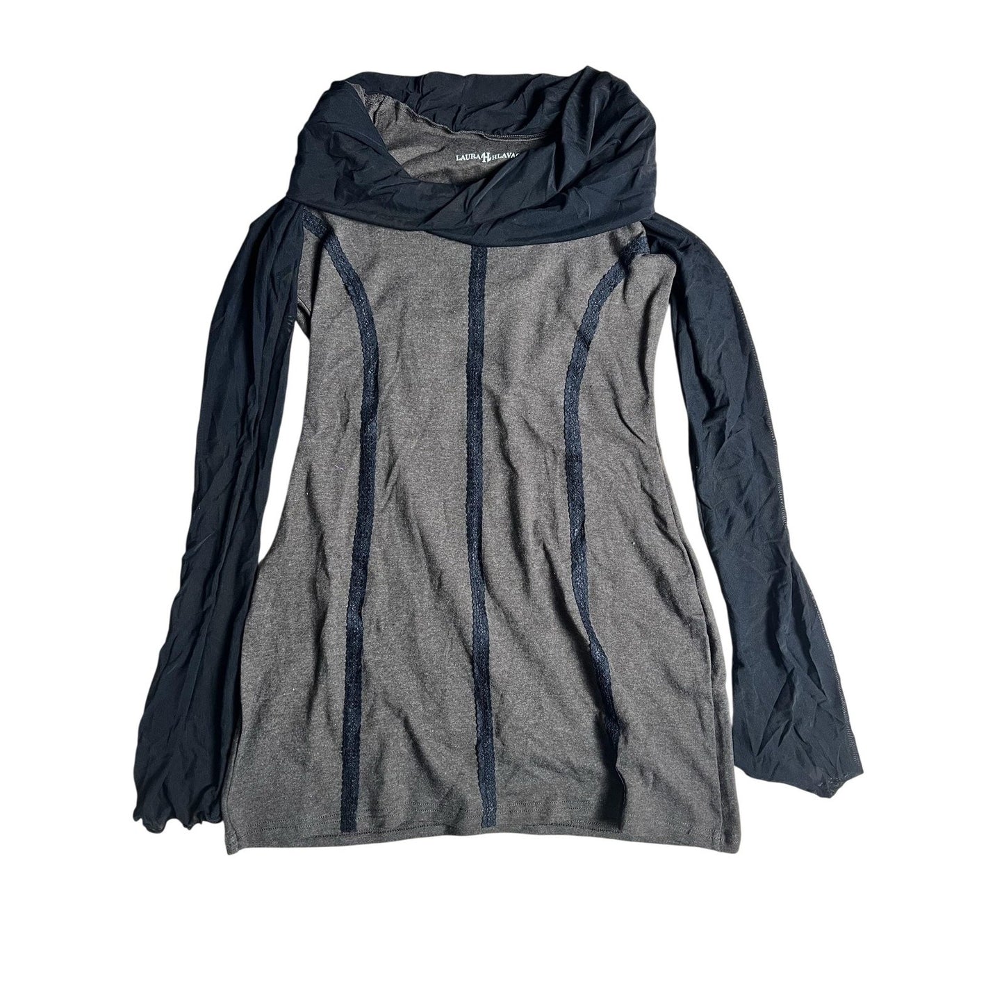 Laura Hlavac Top Womens M Gray Black Colorblock Cowl Neck Tunic Long Sleeve