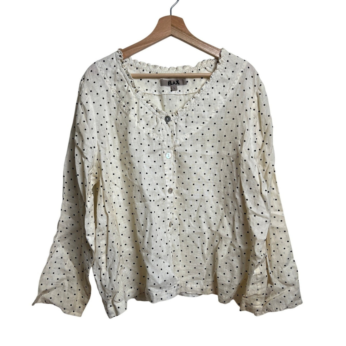 NWT FLAX Blouse Long Sleeve Size Large Cream Black Polka Dots With Slight Stains