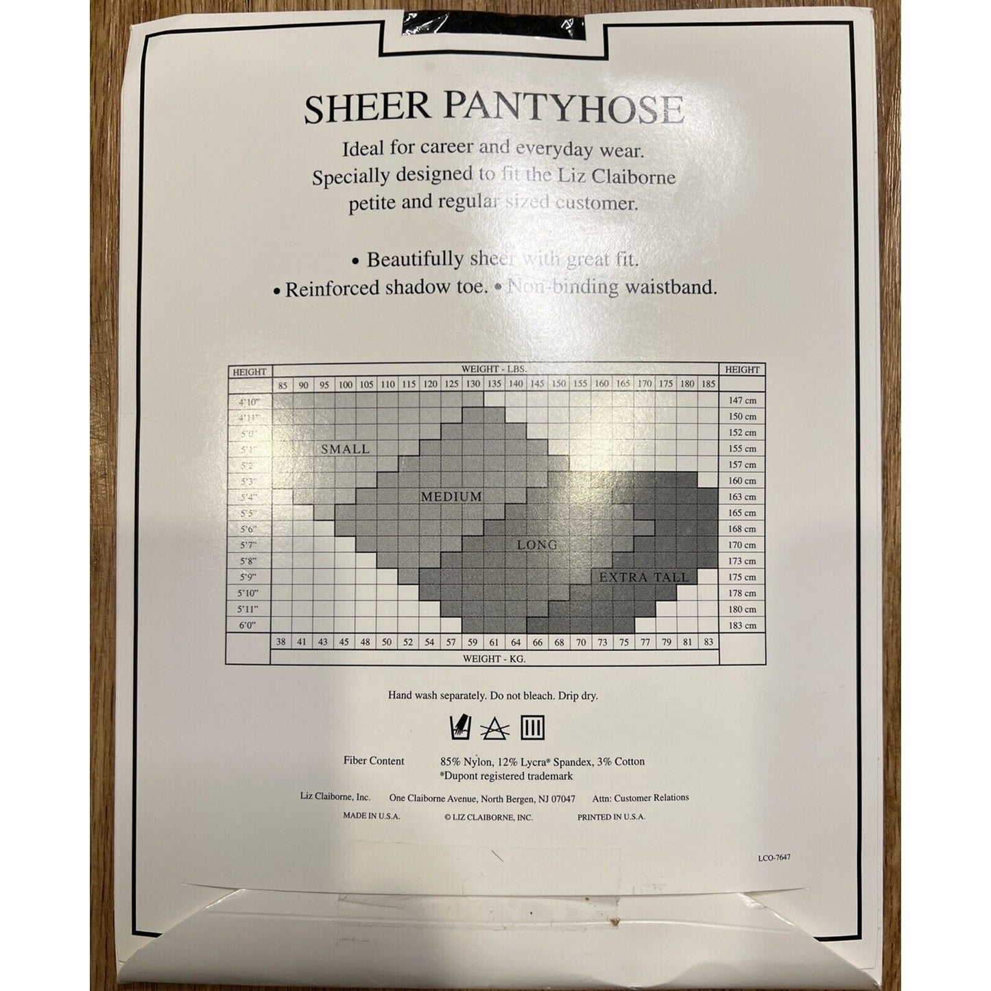 Liz Claiborne Sheer Pantyhose Size LONG Color Black Style 7647