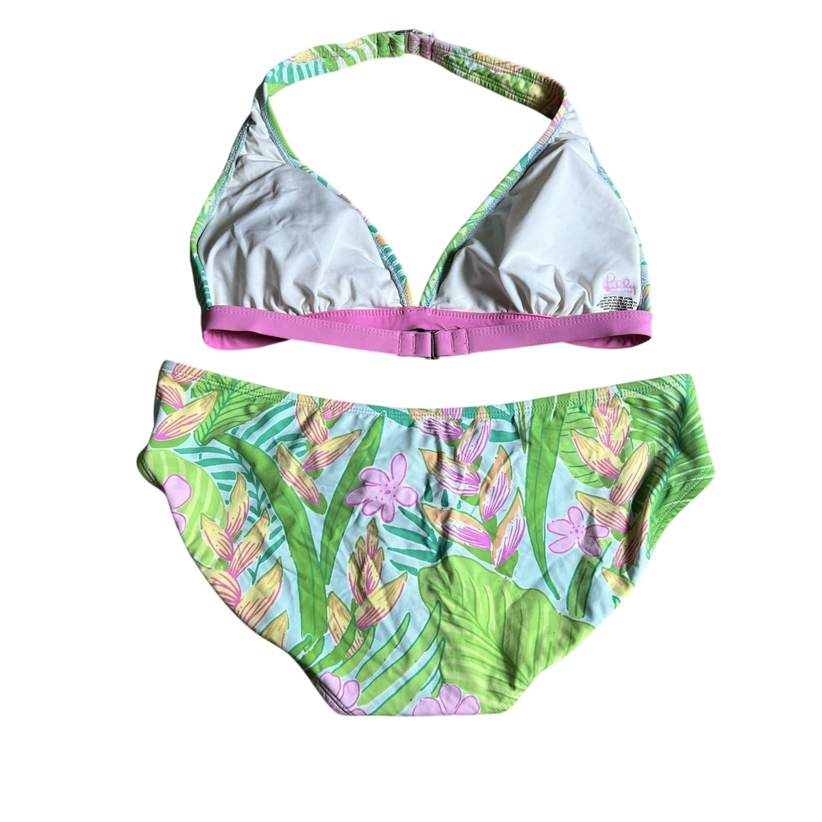 Lilly Pulitzer Bikini Womens 8 Green Floral Halter Adjustable Lined 2 Piece