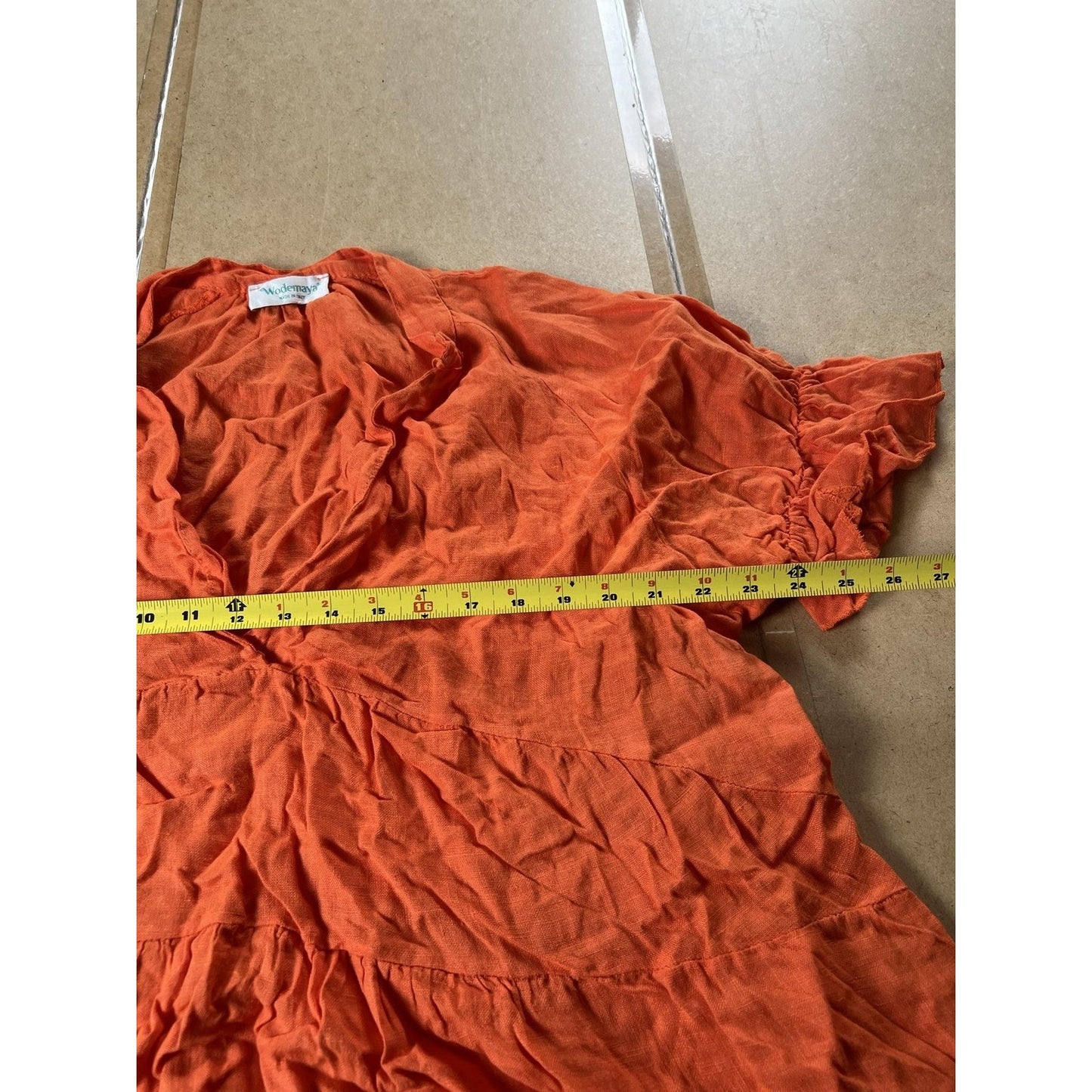 Wodemaya Dress Womens L Orange Blouson Short V-Neck Linen Ruffle Italy