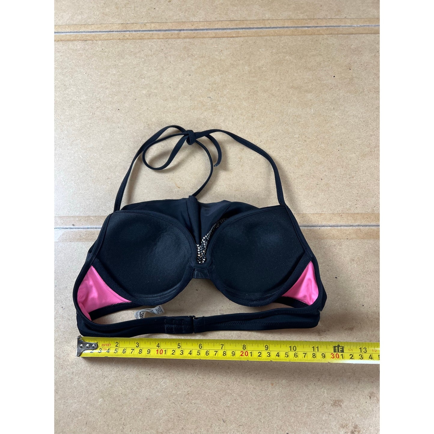 PINK Bra Womens S Black Push Up Bra Padded Molded Halter Rhinestone Hook & Eye