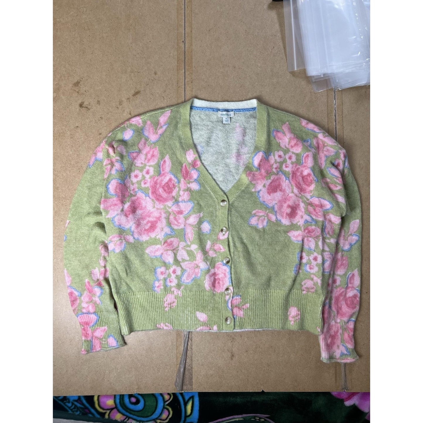 Sundance Cardigan Womens XL Green Floral Open-Knit Lightweight Button Front