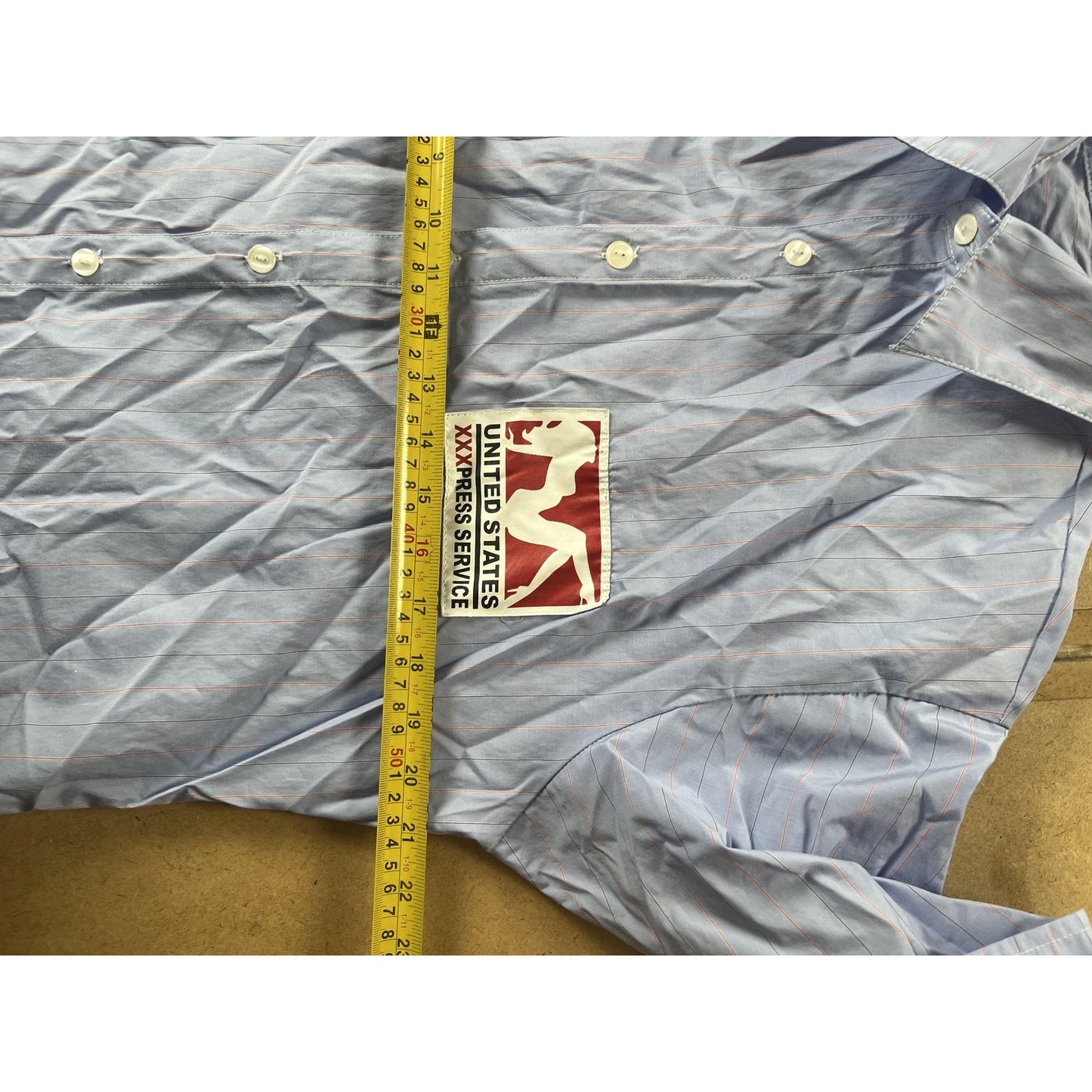 6th Avenue Shirt Mens M/L Blue Striped Short Sleeve Button-Up Pin-Up Novelty