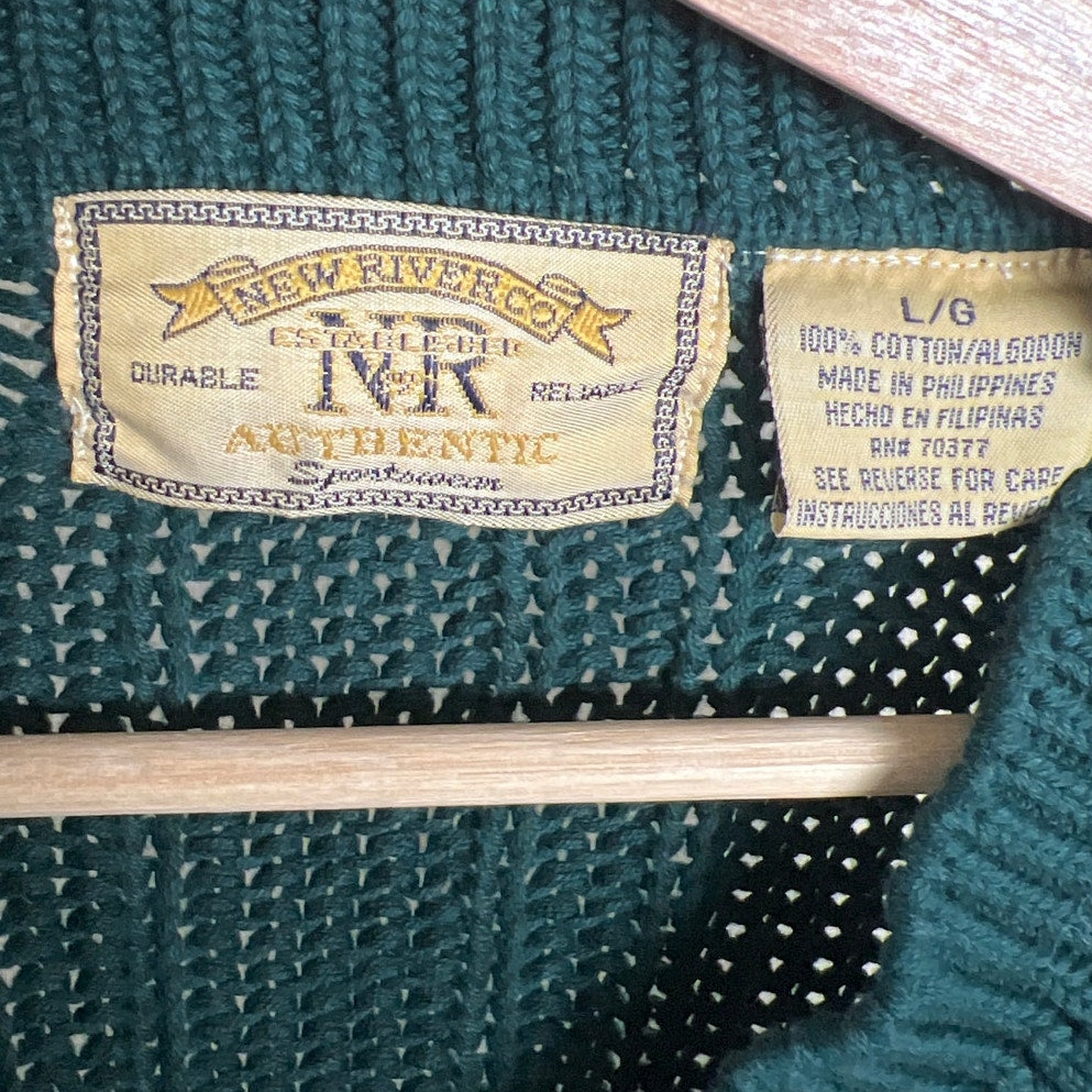 New River Co Authentic Heavy Knit Size Large V-Neck Green 100% Cotton