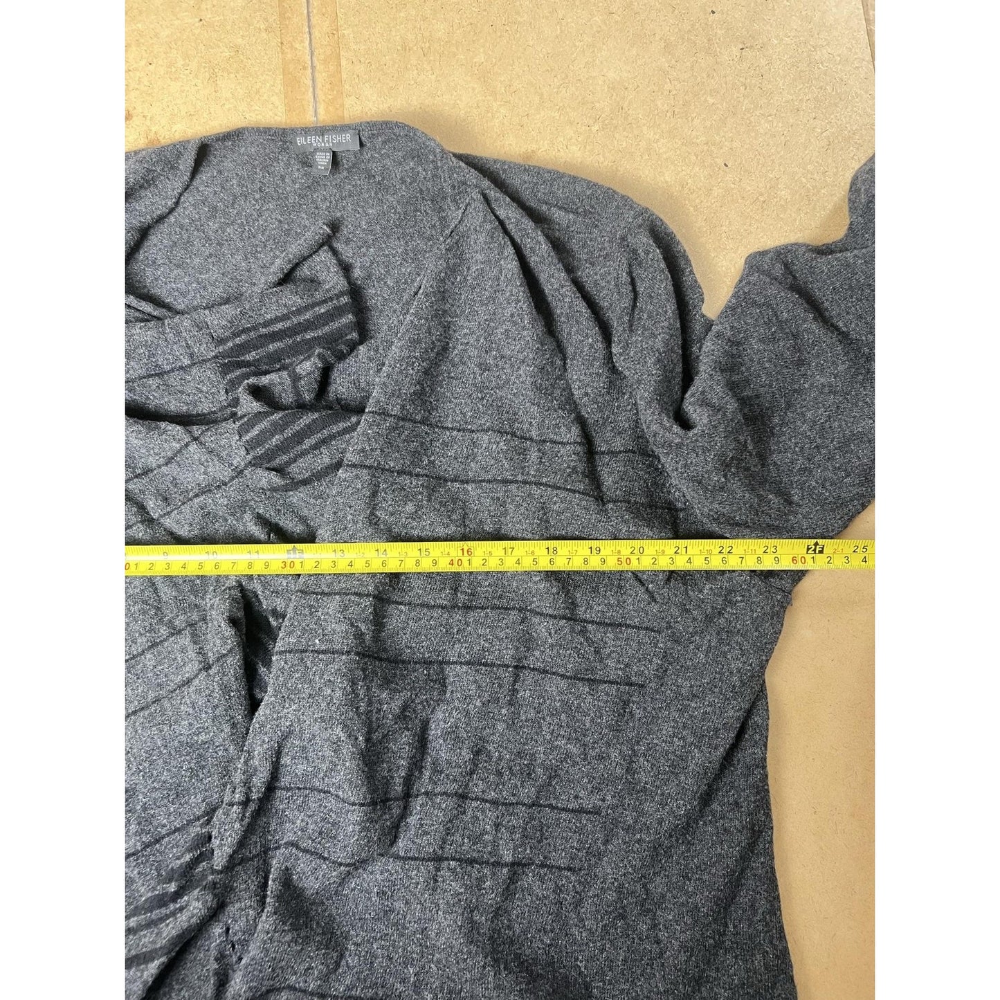 Eileen Fisher Cardigan Womens 3X Gray Wool-Cashmere Lightweight Striped Ruffle