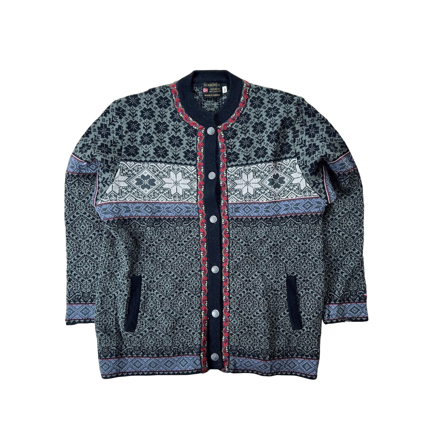 NORSKWEAR Cardigan Mens M Green Wool Knit Fair Isle Pockets Heavyweight