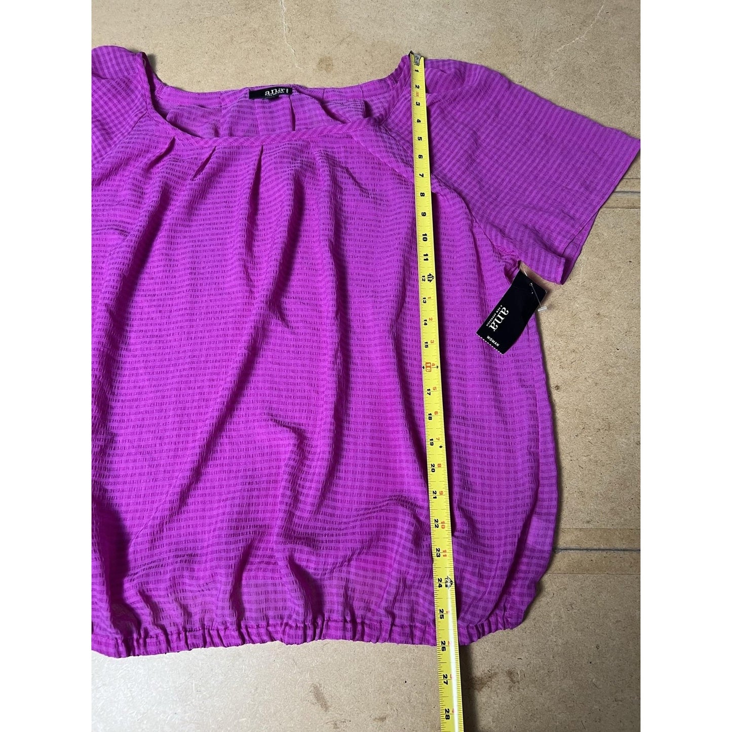 A.n.a Blouse Womens 1X Purple Scoop Neck Short Sleeve Pleated Elastic Waist