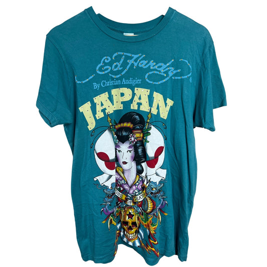 Y2K Ed Hardy Shirt Japan Geisha Bedazzled Skull Flag Medium