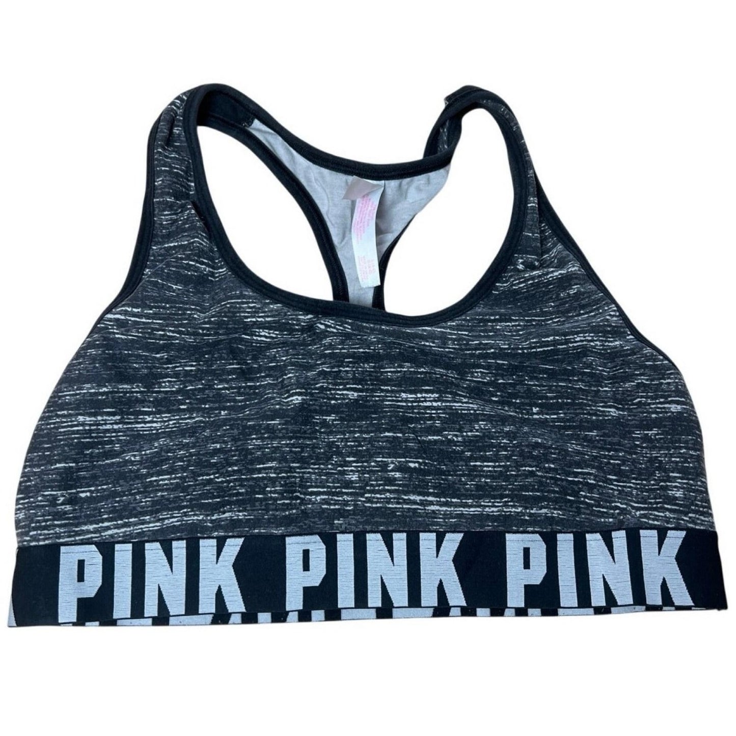PINK Bra Womens L Gray Sports Bra Racerback Wireless Lined Colorblock Logo