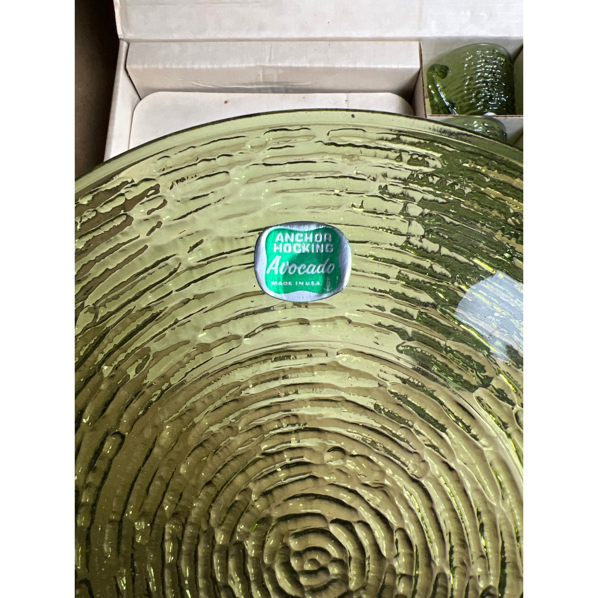 Vintage Anchor Hocking Soreno Avocado Green Glass Snack Set 4 Plates 4 Cups Cool