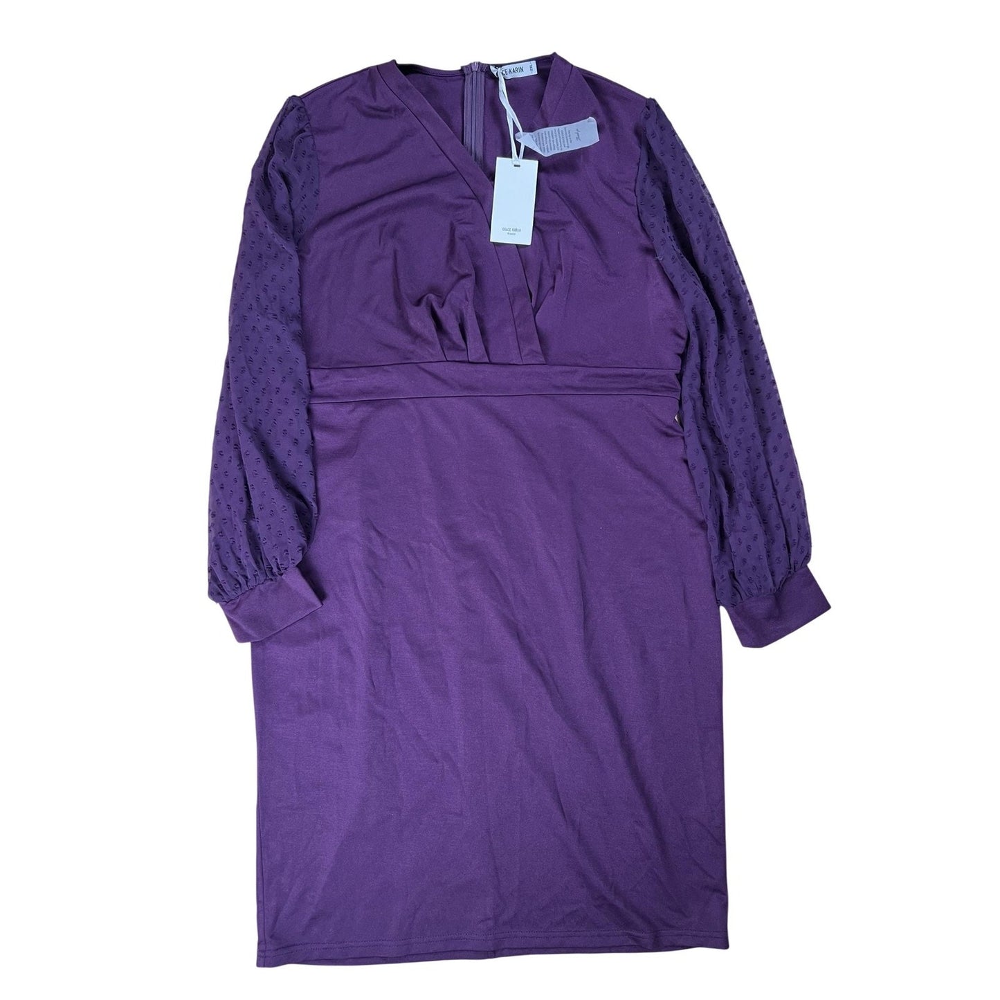 Grace Karin Dress Womens 2XL Purple Pencil Knee Length V-Neck Pleated Stretch