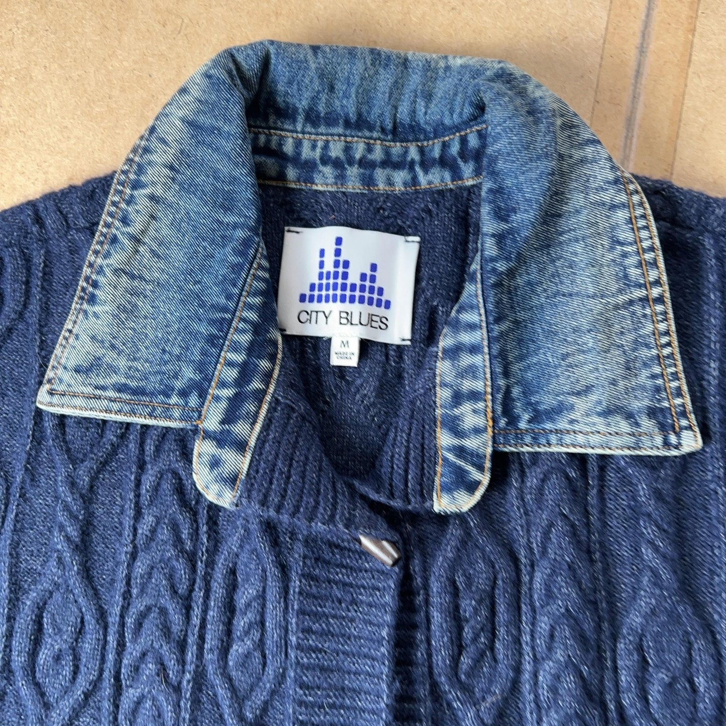 City Blues Cardigan Womens M Blue Cable-Knit Collared Open Pockets Heavyweight