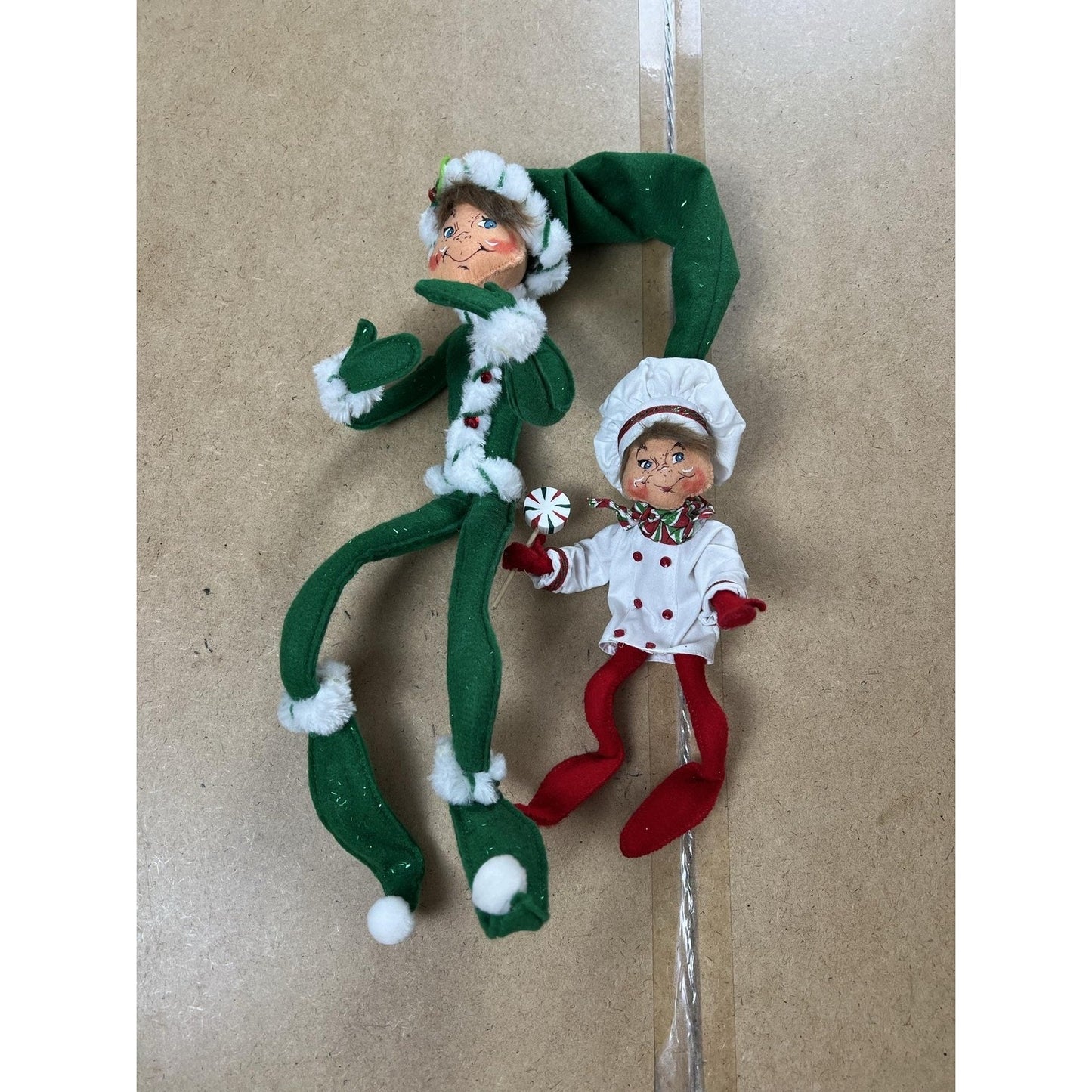 Christmas Elf Ornament Set Of 2 Green White Red Dangle Glitter Holiday