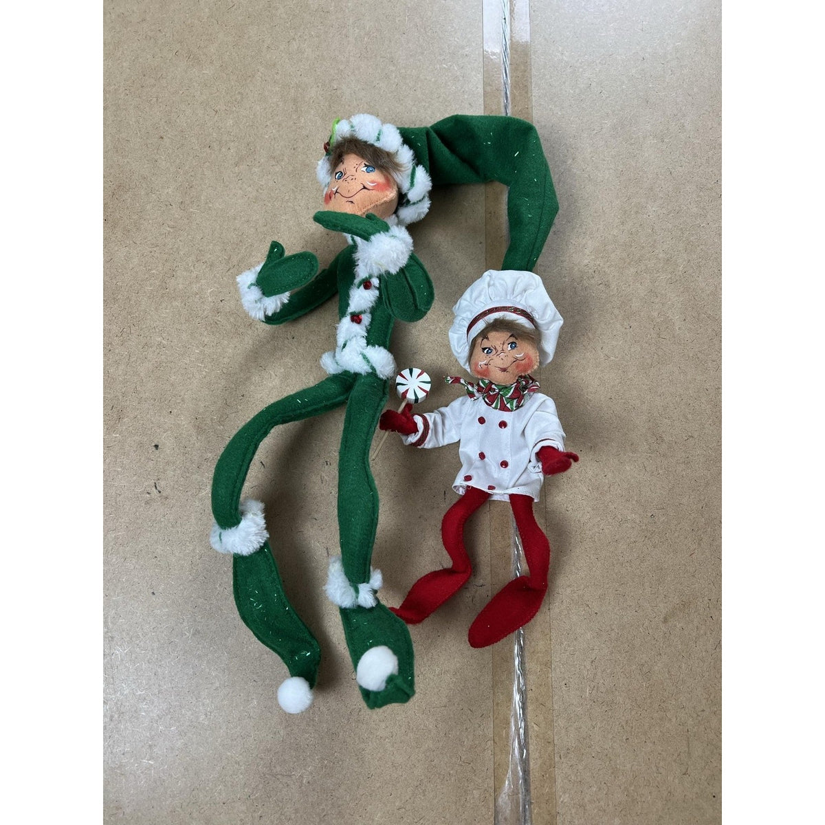 Christmas Elf Ornament Set Of 2 Green White Red Dangle Glitter Holiday