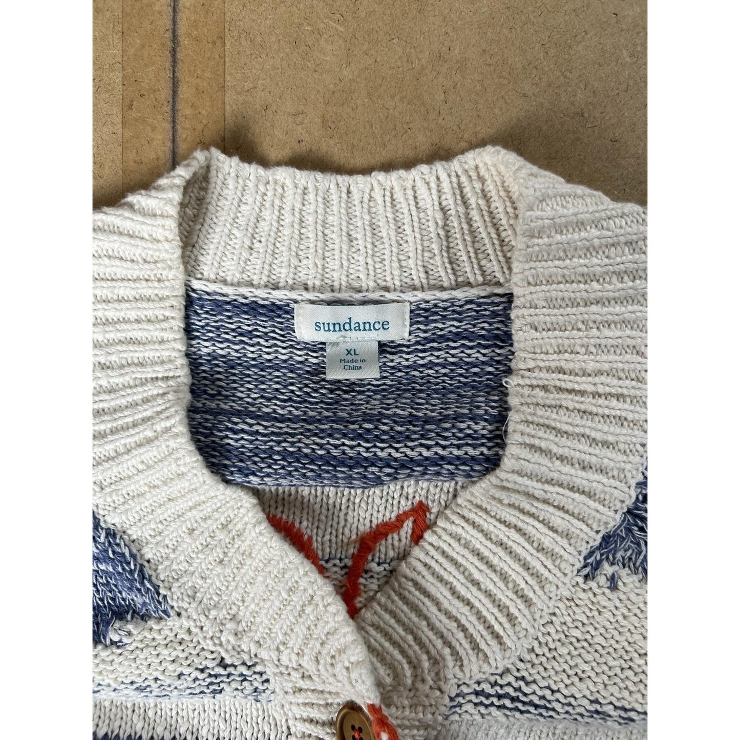 Sundance Cardigan Womens XL White Striped Chunky-Knit Pockets Button Embroidered