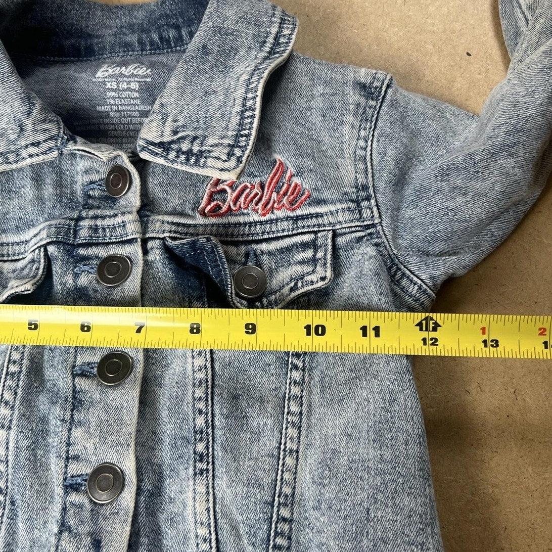 Barbie Jacket Girls 4 Blue Denim Snap Pockets Casual Fall Embroidered Logo