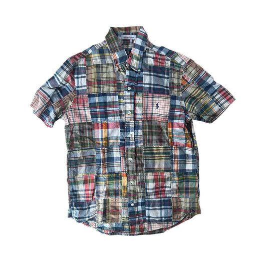 Vintage Ralph Lauren Patch Work Madras Button-Down Shirt Mens Small Blue Classic