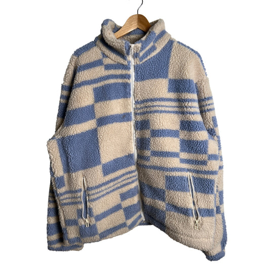 UO Blue and Tan 100% Polyester Sherpa Plush Zip Jacket Size Large