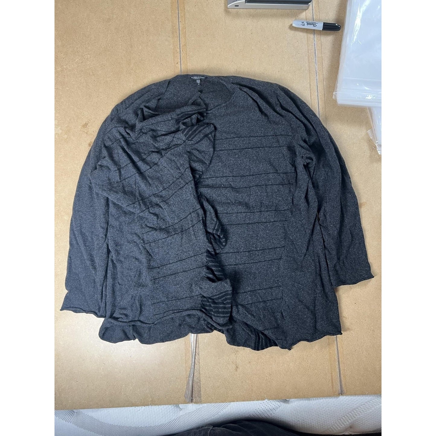 Eileen Fisher Cardigan Womens 3X Gray Wool-Cashmere Lightweight Striped Ruffle