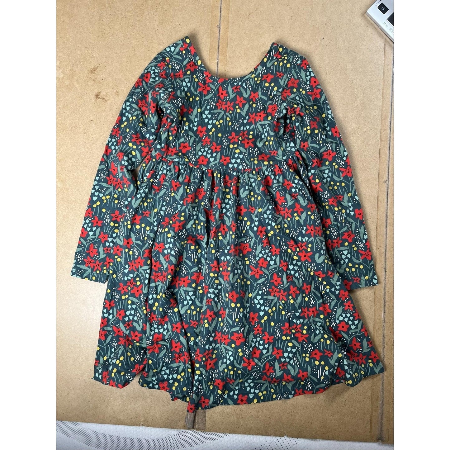 Hanna Andersson Dress Girls 10 Green Floral Fit & Flare Long Sleeve Jersey