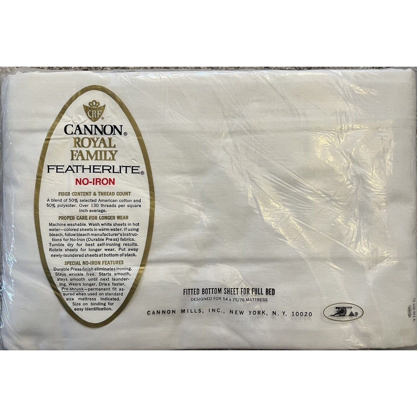 Vintage Cannon Royal Family Featherlite No-Iron Full Fitted Sheet White NWT