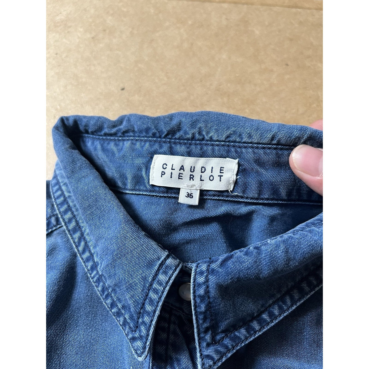 Claudie Pierlot Womens M Blue Denim Collared Snap Casual Pockets Long Sleeve