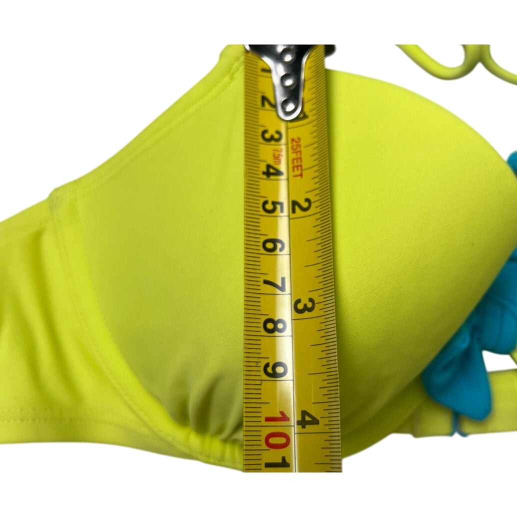 Aerie 34C Neon Yellow Swimwear Bikini Top Blue Bowtie Adjustable Halter Top