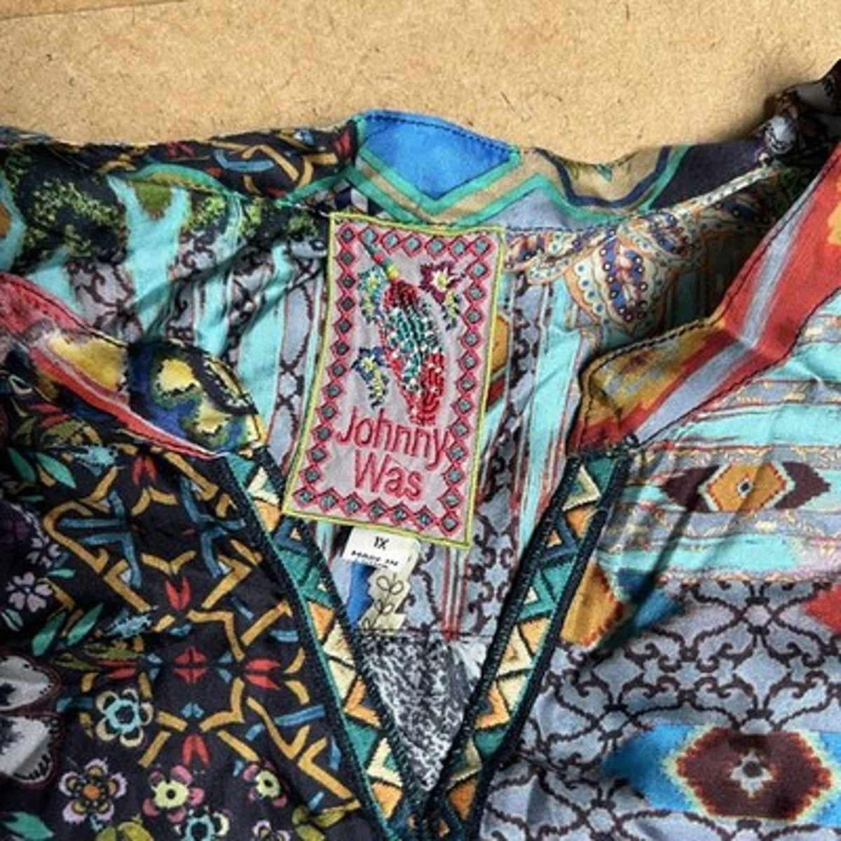 Johnny Was Blouse Womens 1X Multicolor Kimono V-Neck Rayon Zip Sheer Embroidered