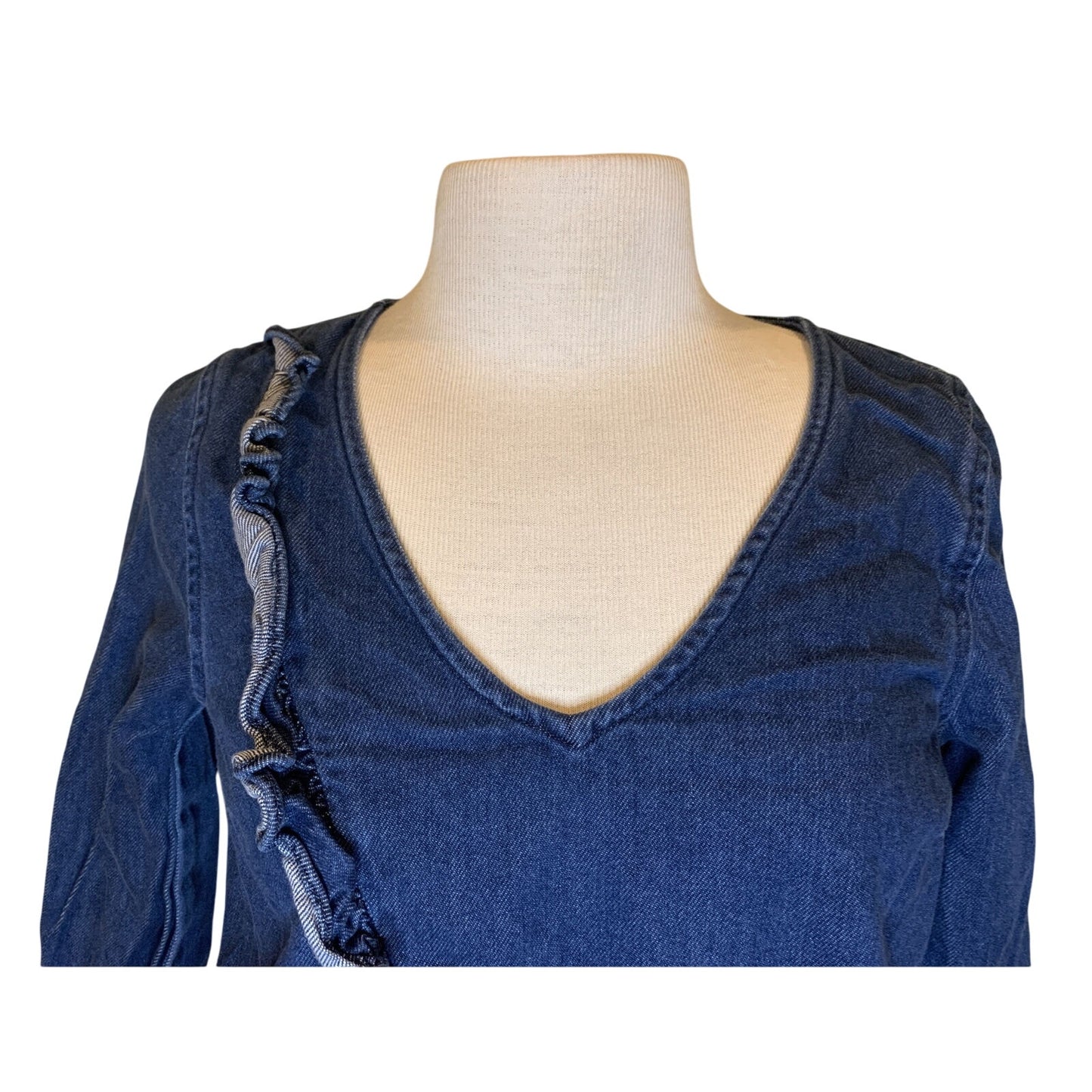 MADEWELL Denim Ruffle Top shirt clare wash $75 BLOGGER FAV SOLD OUT Size S - EUC