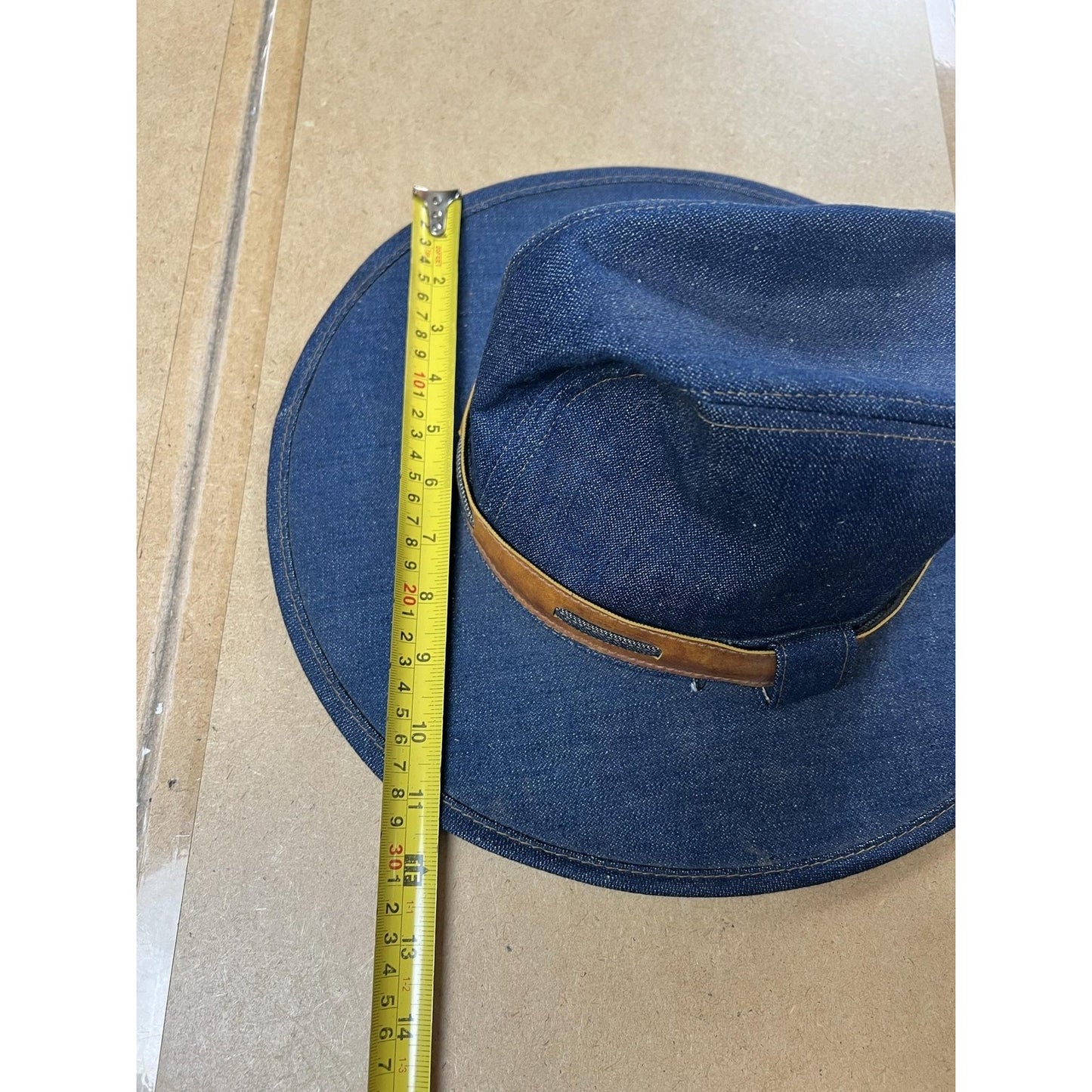 Fedora Hat Womens L Blue Denim Cotton Wide Brim Strap Made USA Spring Summer
