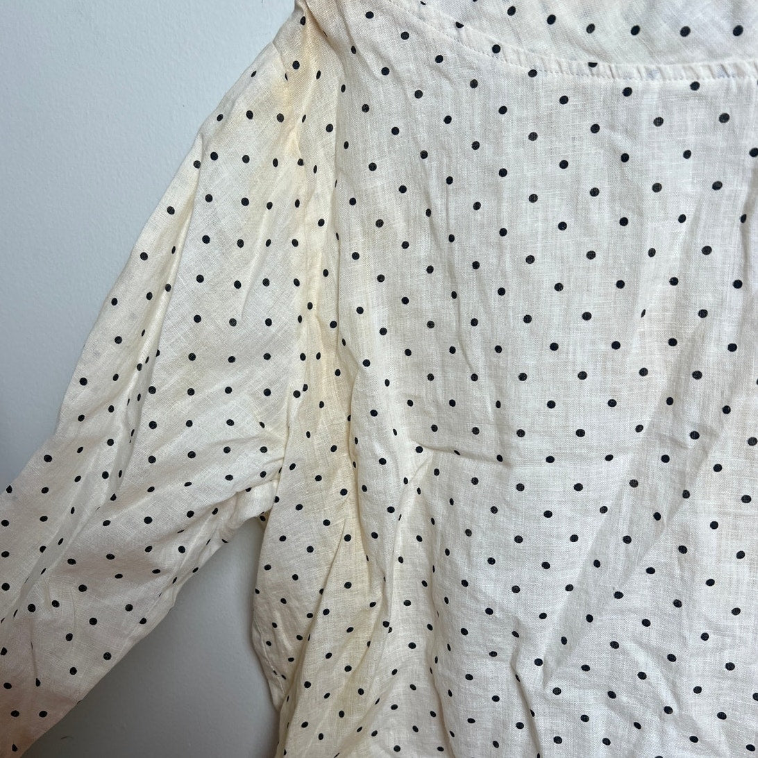 NWT FLAX Blouse Long Sleeve Size Large Cream Black Polka Dots With Slight Stains