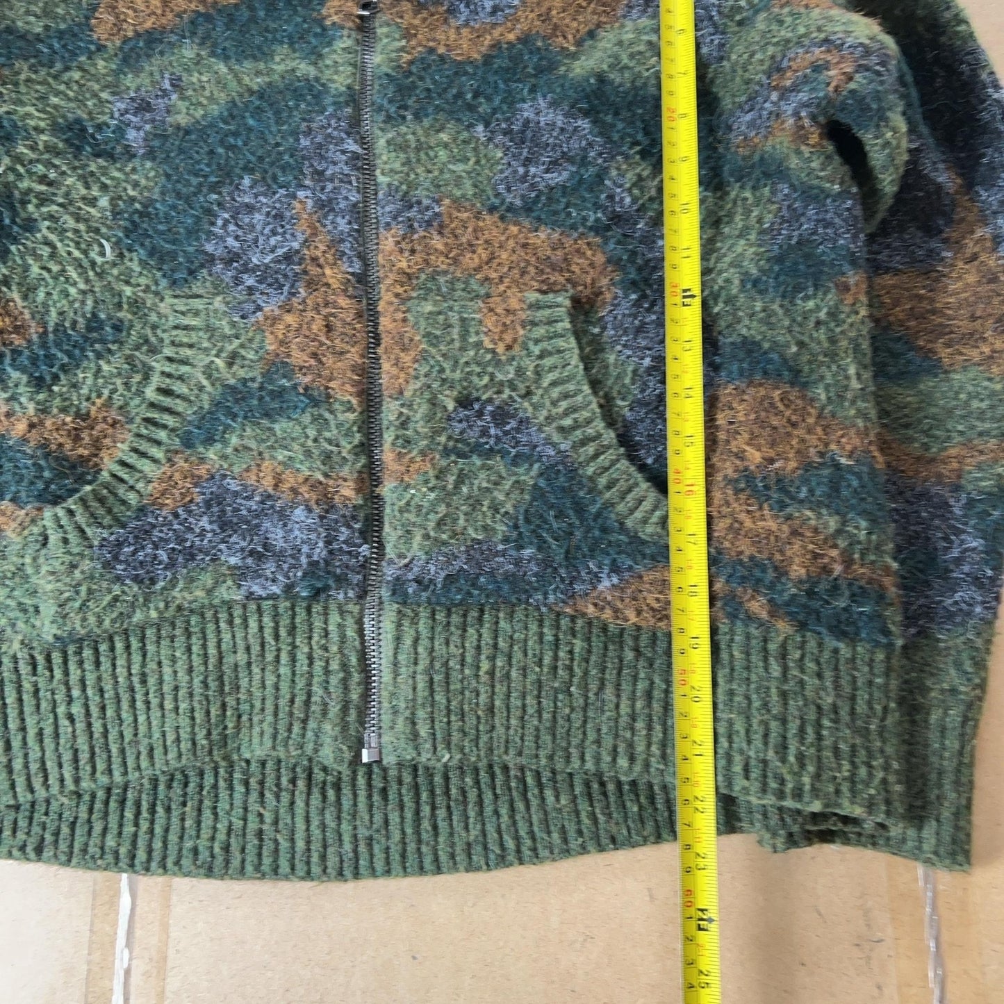 Sweater Womens L Green Hooded Full Zip Camouflage Chunky-Knit Pockets Relaxed