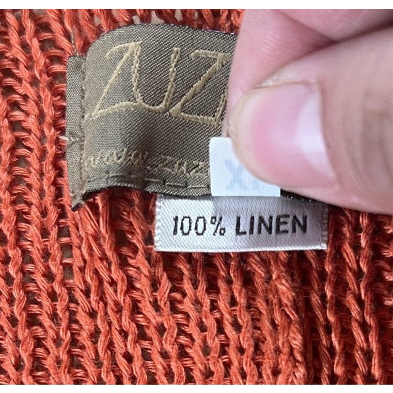 LUZA BART Cardigan Womens XL Orange Linen Open Knit Crochet Lightweight Relaxed
