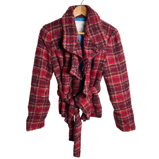 Anthropologie Tabitha Moretown 4 Tweed Ruffle Red Plaid Career Blazer Jacket